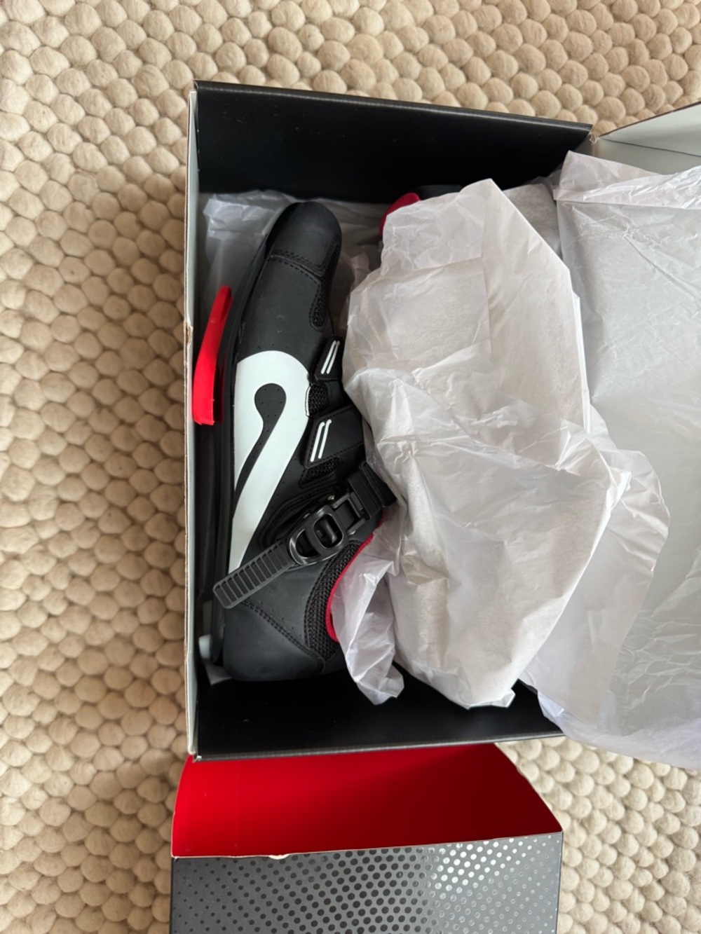 NWT Peloton Black Cycling Shoe with White Logo and Red Accents